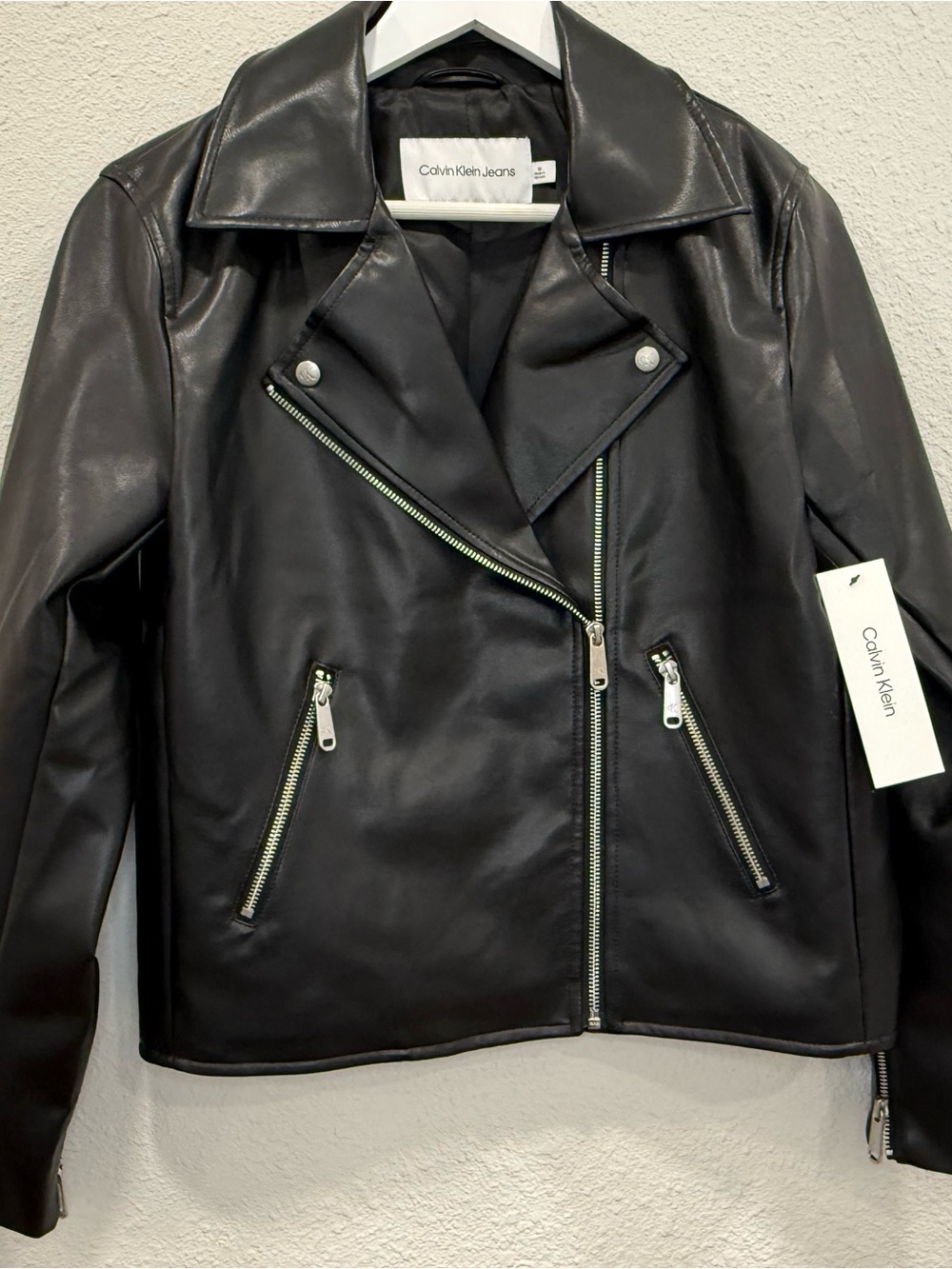 Calvin Klein Black Leather Moto Jacket with Silver Hardware